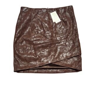 GUESS Women Brown Faux Leather Ruched Asymmetrical Mini Skirt Size L NWT Edgy